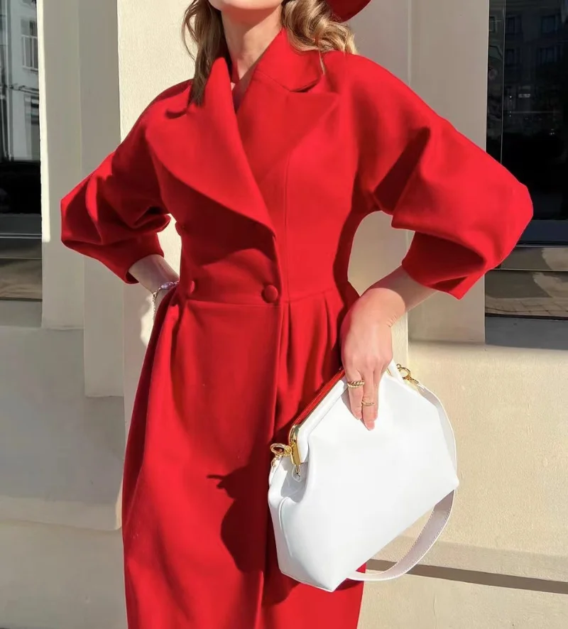 Herbst Laterne Ärmel Frauen Woll mantel Revers Zweireiher Büro Dame lange Jacken Wind jacke dicke Streetwear weibliche Mäntel