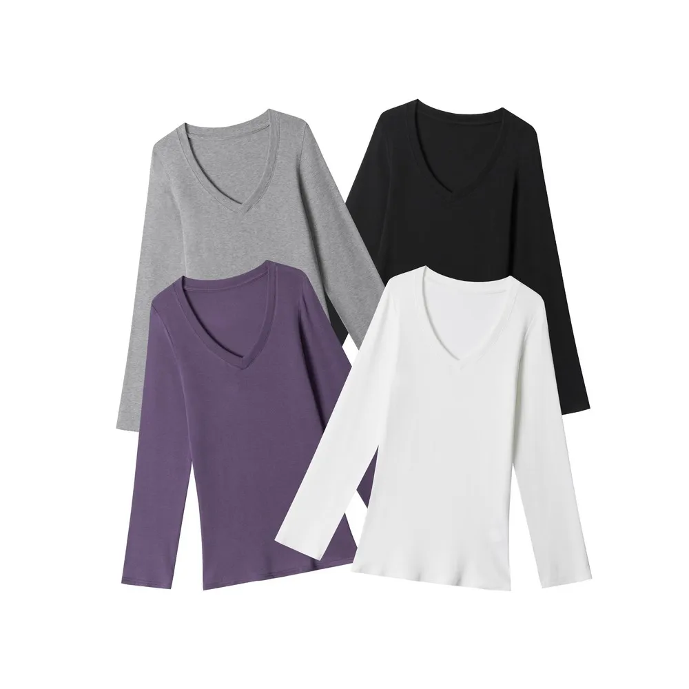 

Vneck Office Business Elegant Slim Fit Inner Basic Winter Fall Bodywear Ladies T-shirts Fitness Long Sleeve Tops for Women Girls