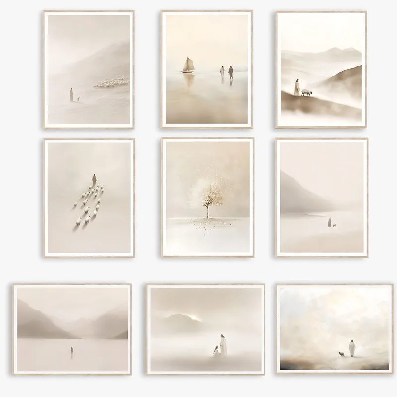 (No frame)Minimalist Jesus Faithful Shepherd Poster Modern Bible Christian Faith Canvas Painting Neutral Wall Art Living Room