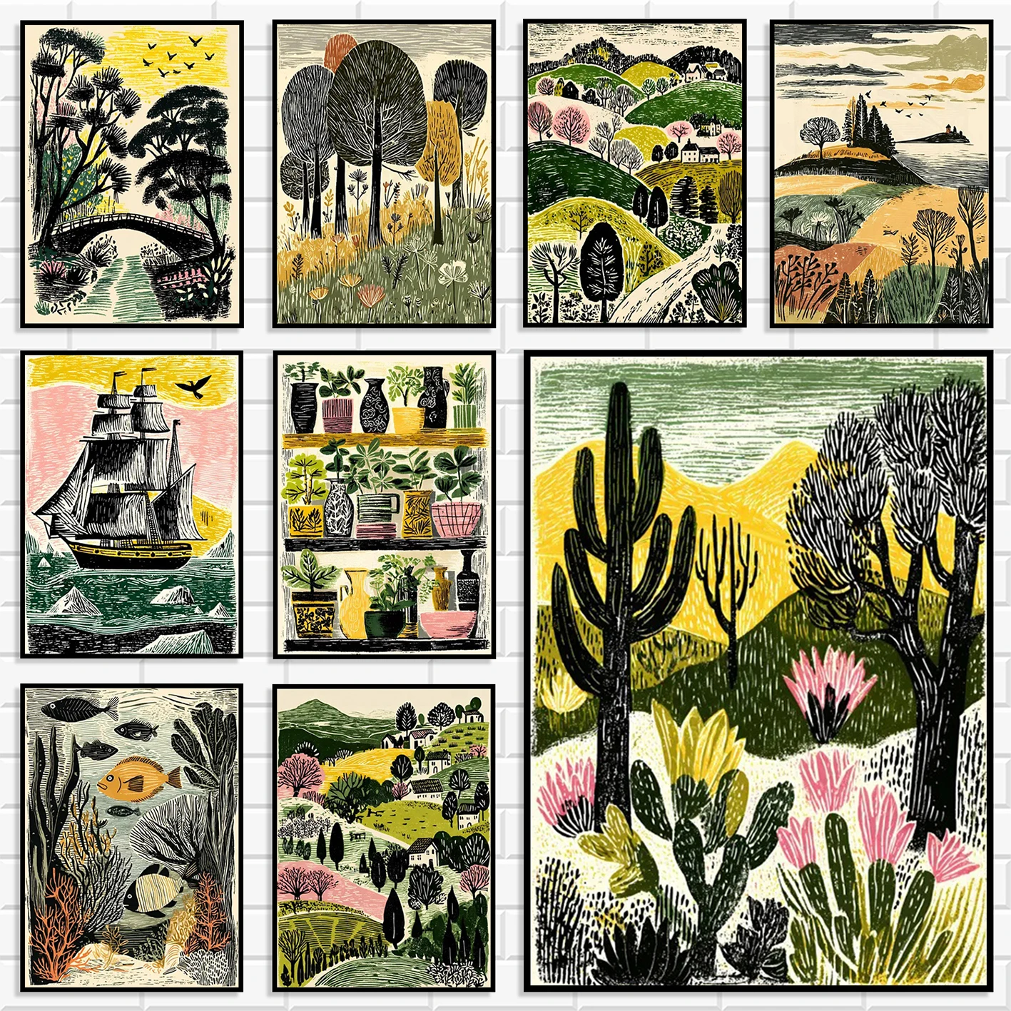 Retro Linocut Landscape Canvas Prints Retro Woodcut Countryside Cactus Ship Ocean Botanical Wall Art Farmhouse Home Decor Poster