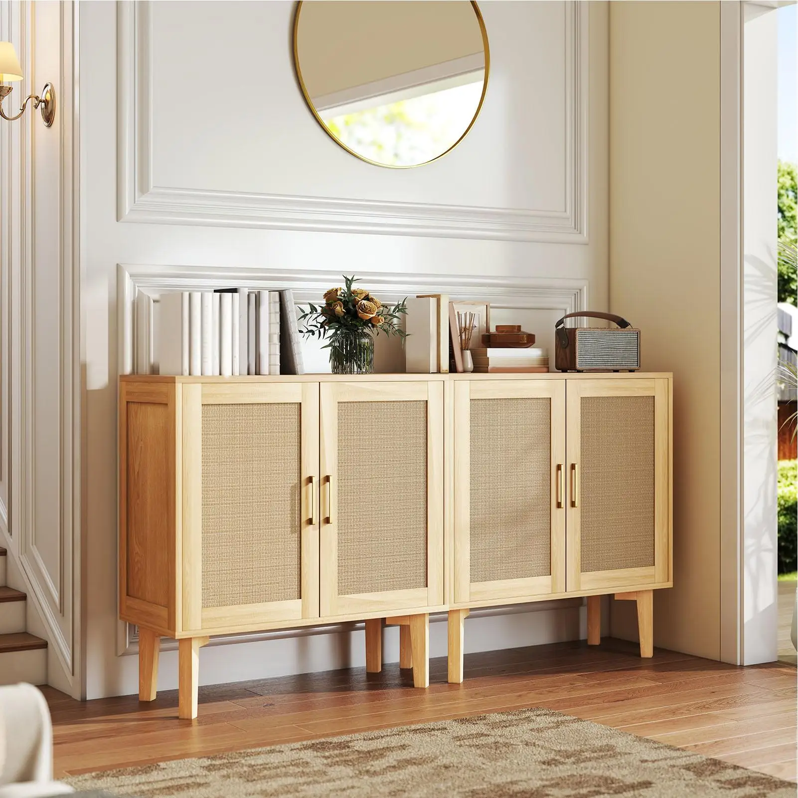 خزانة تخزين الروطان ذات الباب المزدوج الطبيعي، خزانة جانبية متعددة الوظائف مع وسادات قدم مضادة للخدش