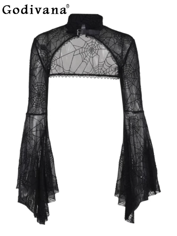 

Halloween Dark Personality Flocked Stand-up Collar Flare Sleeve Blouse Sexy Gauzes Lim Fashion Versatile Street Super Short Top