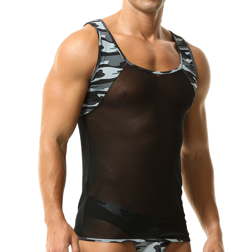 Mens Undershirts Boxer Shorts Briefs Mesh Camouflage Patchwork Breathabale Underwear Quick Drying Sleeveless T-shirts Panties