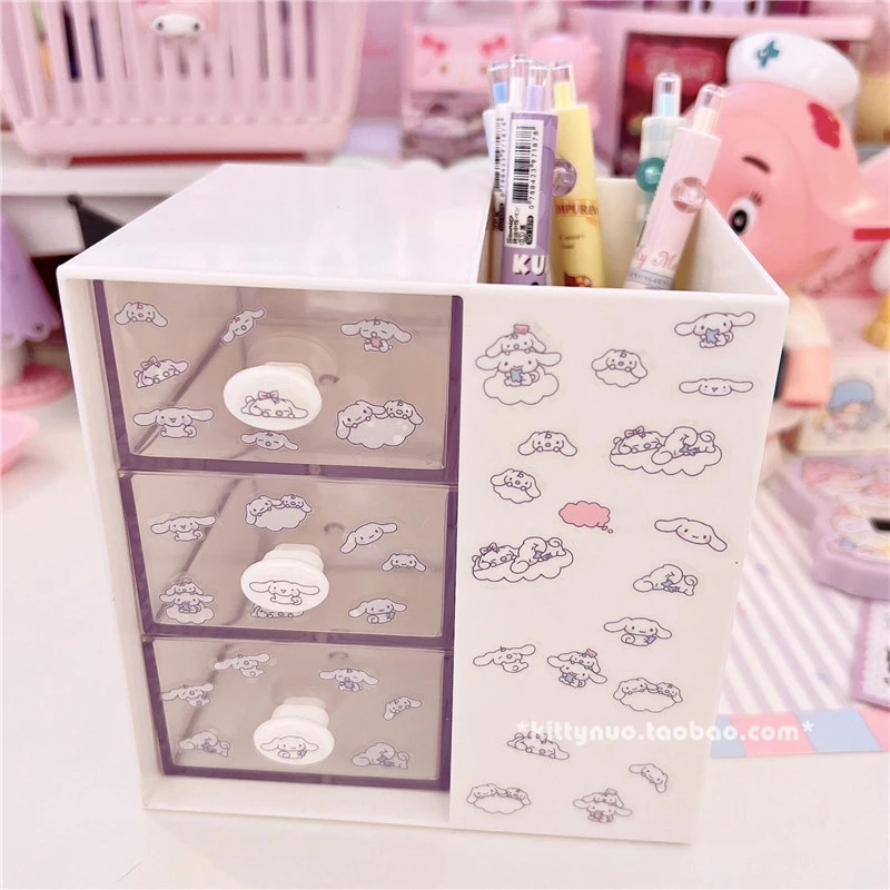 Sanrio Kawaii Cinnamoroll Caixa Organizadora, Anime Minha Melodia, DIY Adesivo, Translúcido Gaveta, Papelaria, Cosméticos, Desktop Storage Box