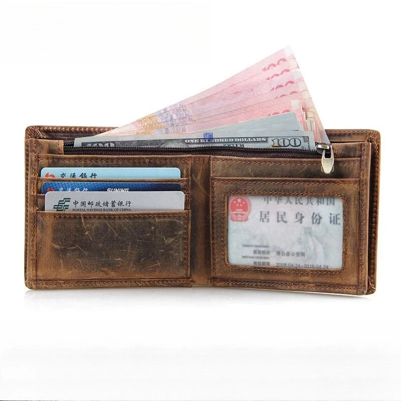 Crazy Horse Leather Wallet, Short Style Genuine Cowhide RFID Blocking Stitched Hand Purse for Men