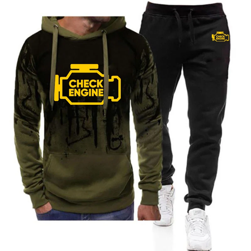 

Mechanic Auto Repair Check Engine Light Print Men's New Gradient Color Casual Set 2025 Spring Autumn Hoodies Long Pants Suit