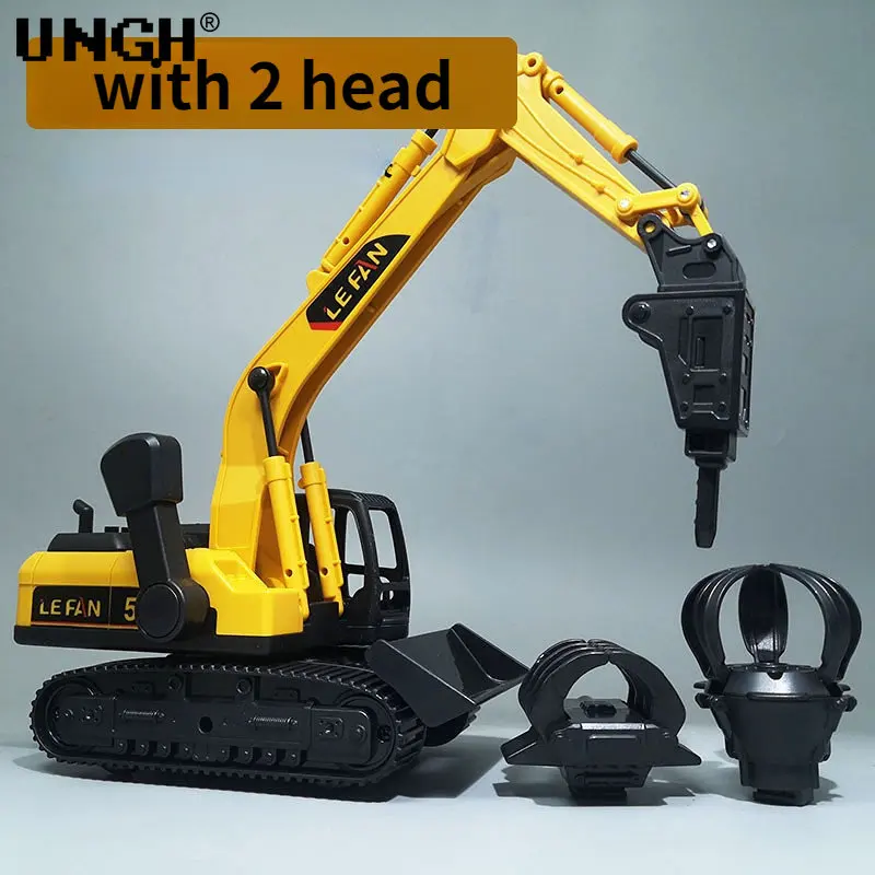 UNGH 1:26 Simulation Diecast Crane Car Model with 3 Head Drill Excavator Inertial Truck Children Kid Boy Engineering Vehicle Toy