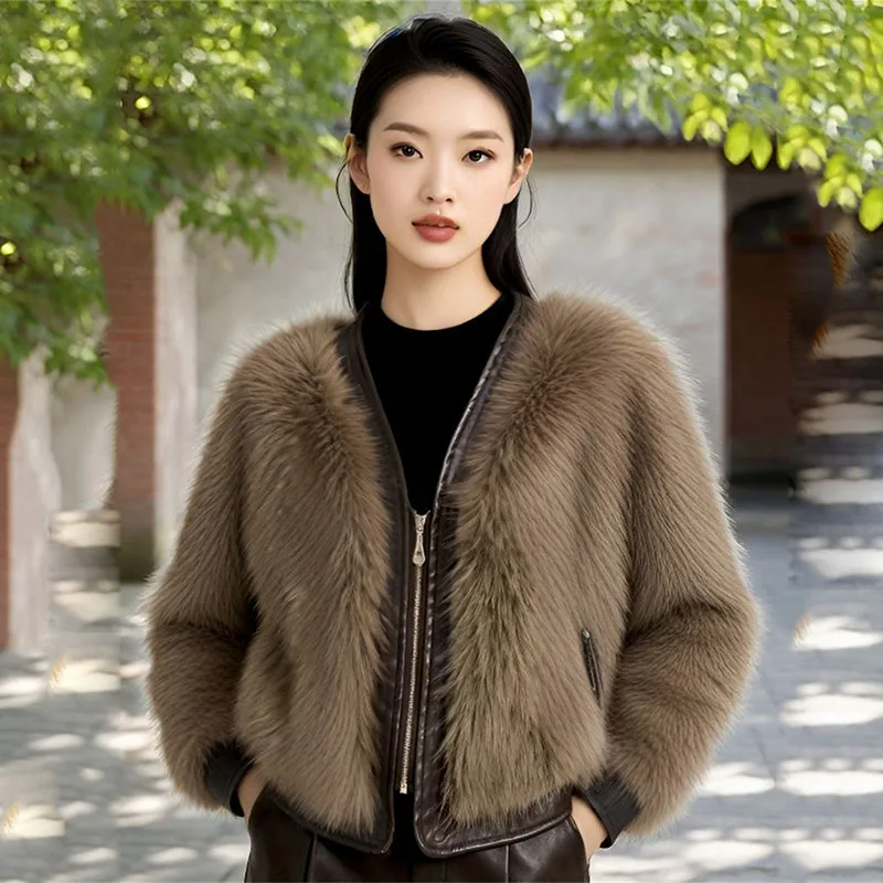 Imitation Fox Fur Jacket for Women Paired Short Zipper with Leather Small Fragrance Style Slim V-neck Fashion Coat Winter Jacket