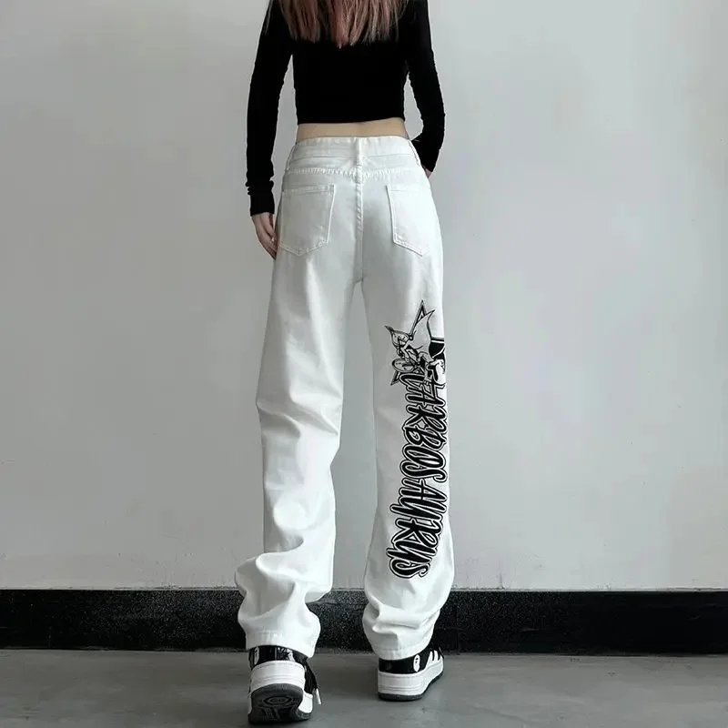 Star Letter Printed Jeans Winter New Ins High Waist Slim Trend Versatile Loose Flesh Covering Straight Wide Leg Casual Trousers