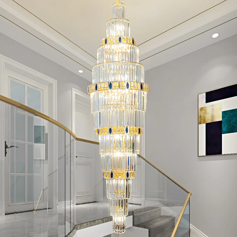 Duplex Villa Large Pendant Light, Luxurious Large Crystal Light, Postmodern Hotel Lobby Light, Luxurious Staircase Long Light