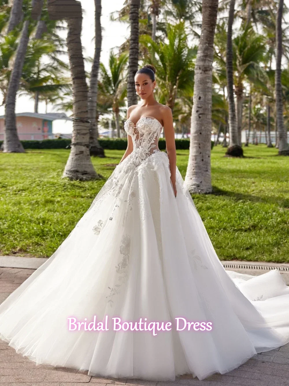 Personalizado requintado 3d flor vestidos de casamento feminino uma linha rendas vestidos de baile de noiva apliques trem varredura vestidos de novia