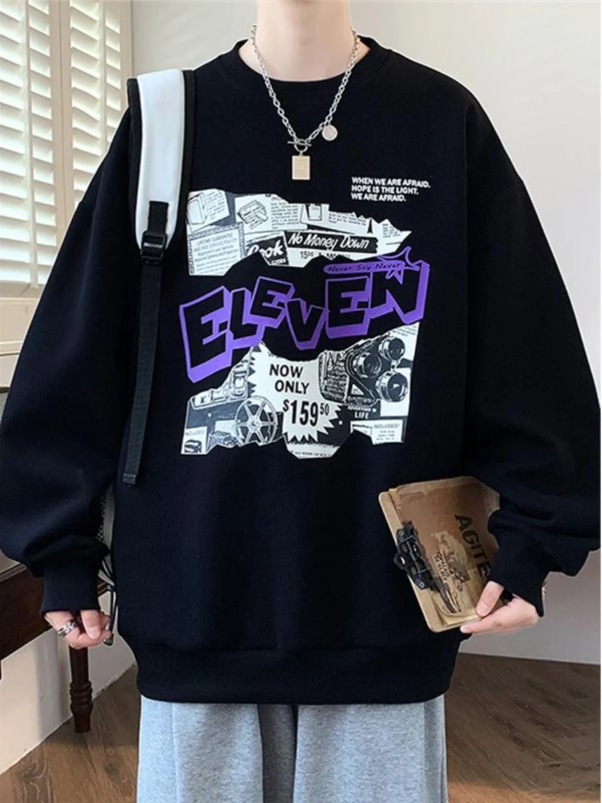 

Мужская толстовка большого размера 300 Pou в американском ретро-стиле, с круглым вырезом, свободного кроя, повседневная, модная, уличная одежда, брендовая, в стиле INS, топ-куртка