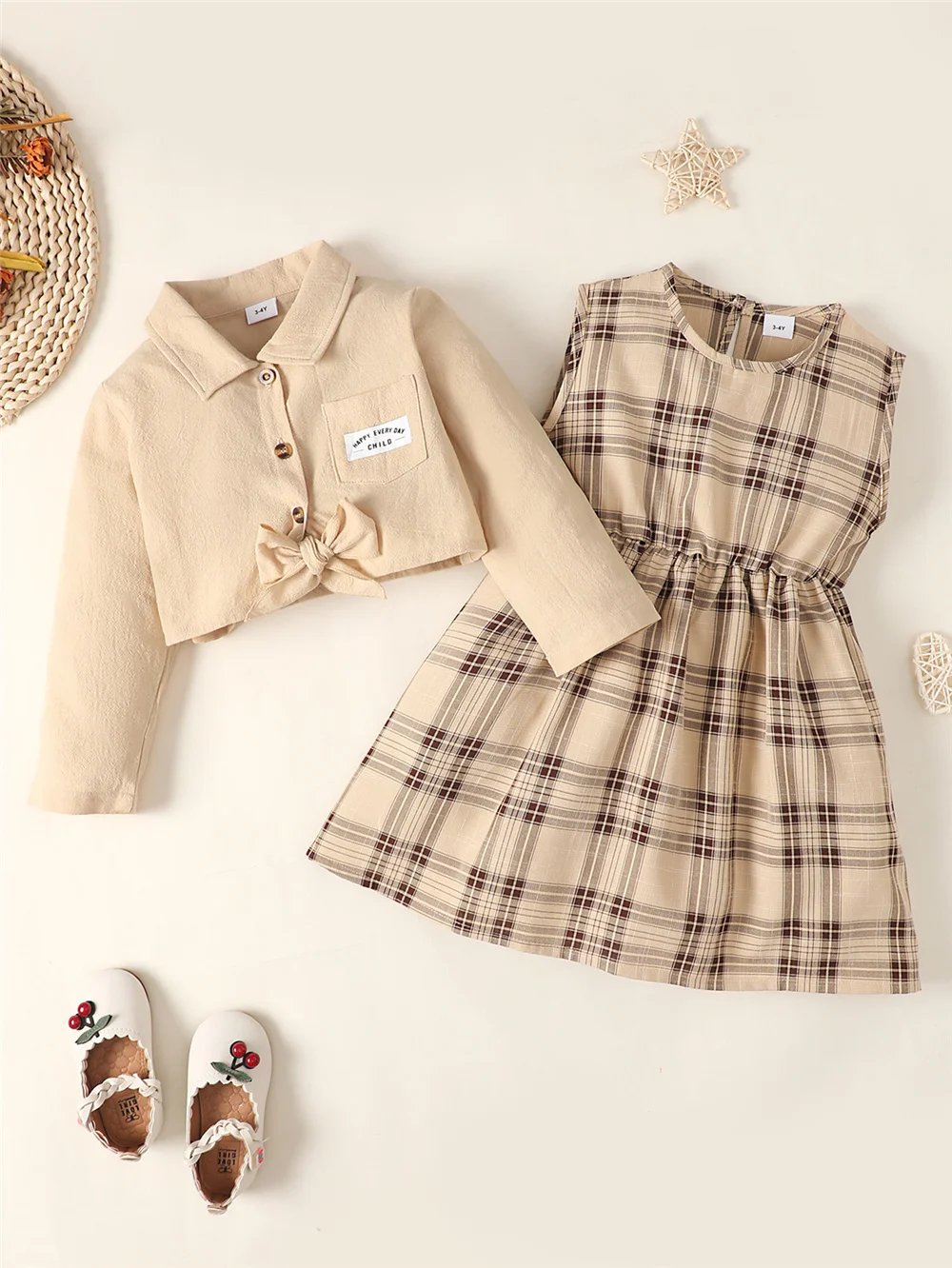 1-6Years Kids Baby Girl Clothes Set Long Sleeve Shirt Top+Plaid Sleeveless Dress Spring&Autumn Lovely Daily Party 2PCS Outfit