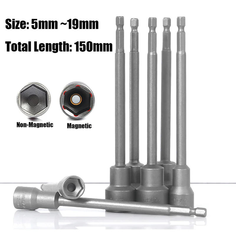 5mm-19mm Magnetic Nut Driver Socket Chrome Vanadium Steel Extra Long 150mm 1/4