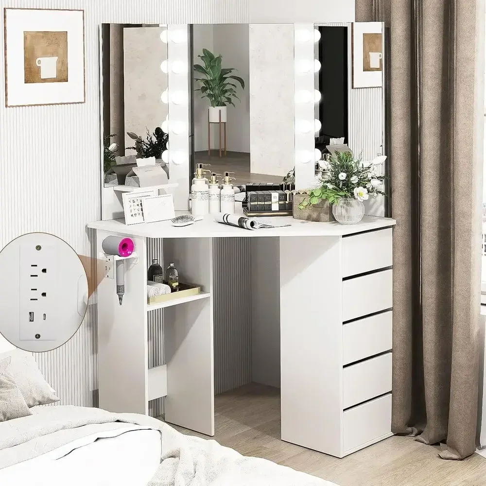 Compact LED Lighted Makeup Vanity Table with Triple Mirror and Charging Station, White