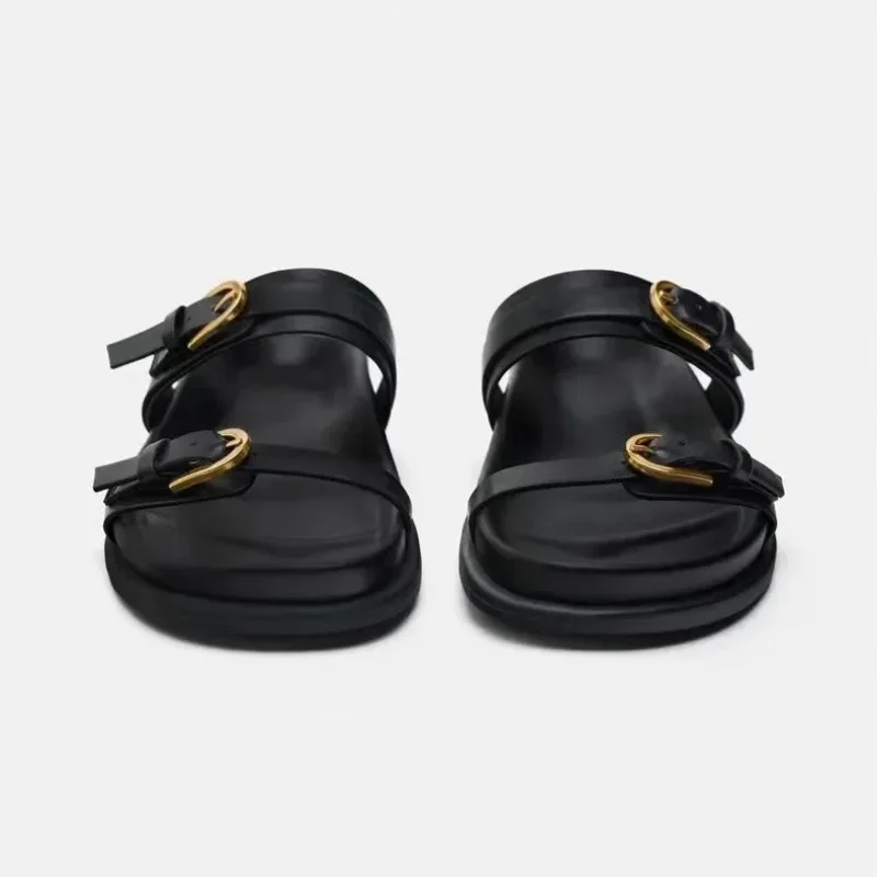 Black Flat Slingback Shoes Female Summer Straps Round Toe Shoes 2024  Sandals Metal Buckle Flat Sandals