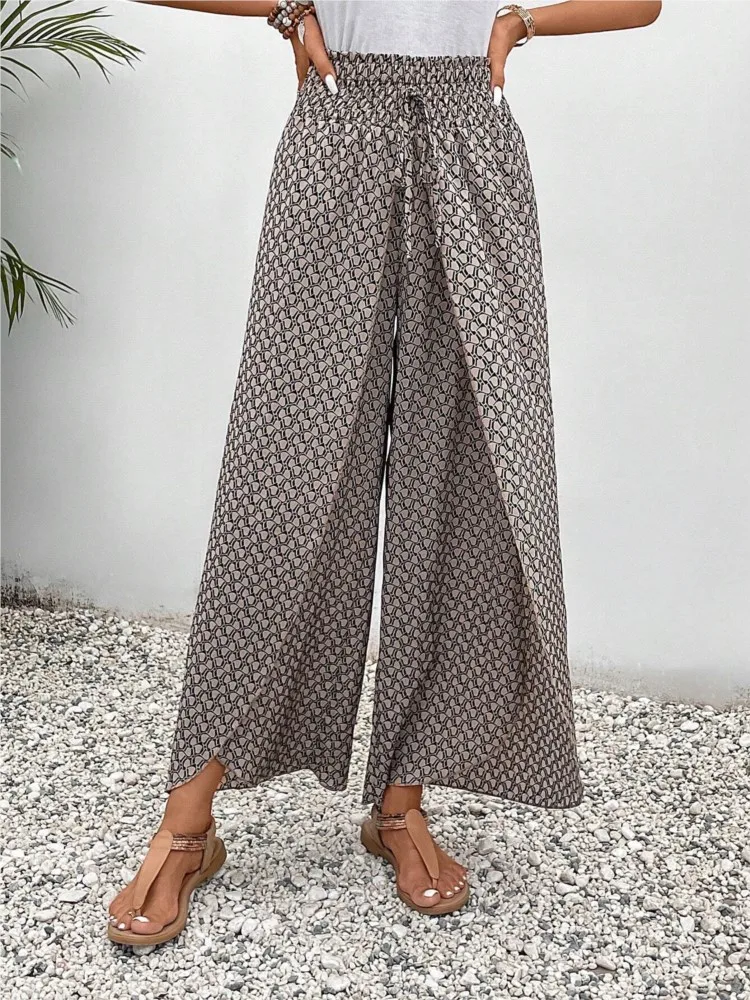 Luźne spodnie damskie Boho Casual Wide Leg Long Pant 2024 Summer New Fashion Floral Side Slit Spódnica z szerokimi nogawkami Kobiety Wakacje na plaży