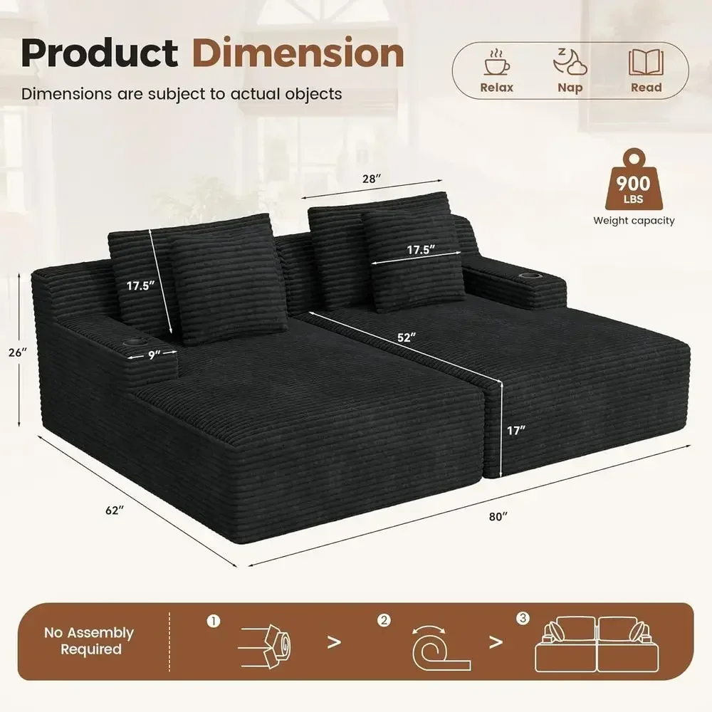 80 Double Chaise Lounge Chair, Indoor Deep Seat Sofa with Cup Holders, Corduroy, 4 Pillows Included
