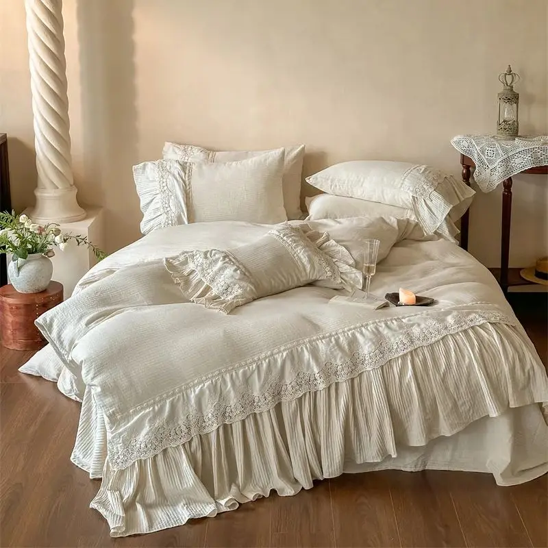 20% Linen, 80% Cotton Natural Health Skin French Style Lace Ruffles Embroidery Bedding Set Duvet Cover Bed Sheet Pillowcase 4Pcs