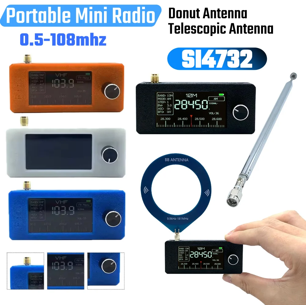SI4732 0.5-108mhz Pocket Mini Radio 1.9inch IPS Screen FM/AM Radio with Ring Antenna All Band Radio Receiver HF SW MW VHF Radio
