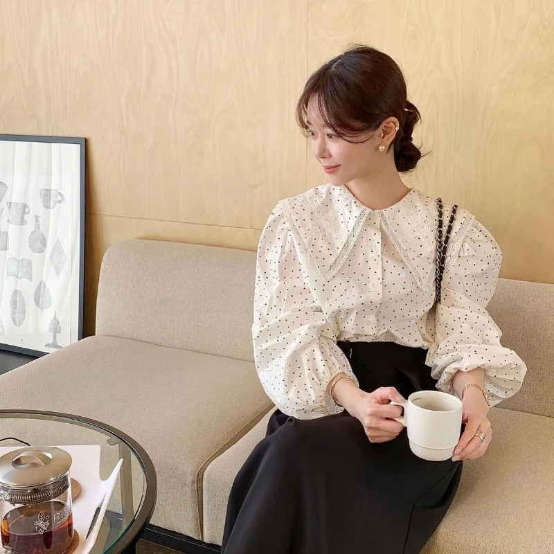 Wiosna Lato Damskie 100% Bawełna Kropki Słodka Bluzka Kołnierzyk Piotruś Pan Koronkowe Patchworkowe Koszule Damskie Topy 2025