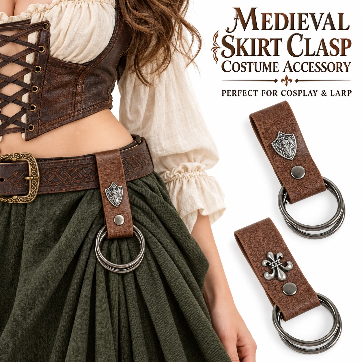 Halloween Medieval Skirt Clasp PU Leather Ring Buckle Cosplay Costume Accessory for Renaissance Party