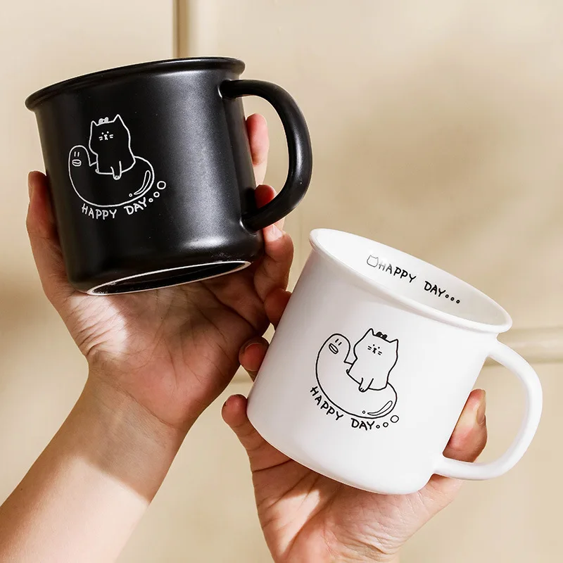 Line Cat Mug Souvenir Matte Black White Ceramic Cup Minimalist Breakfast Office Couple Drinkware Cute Drinking Utensils