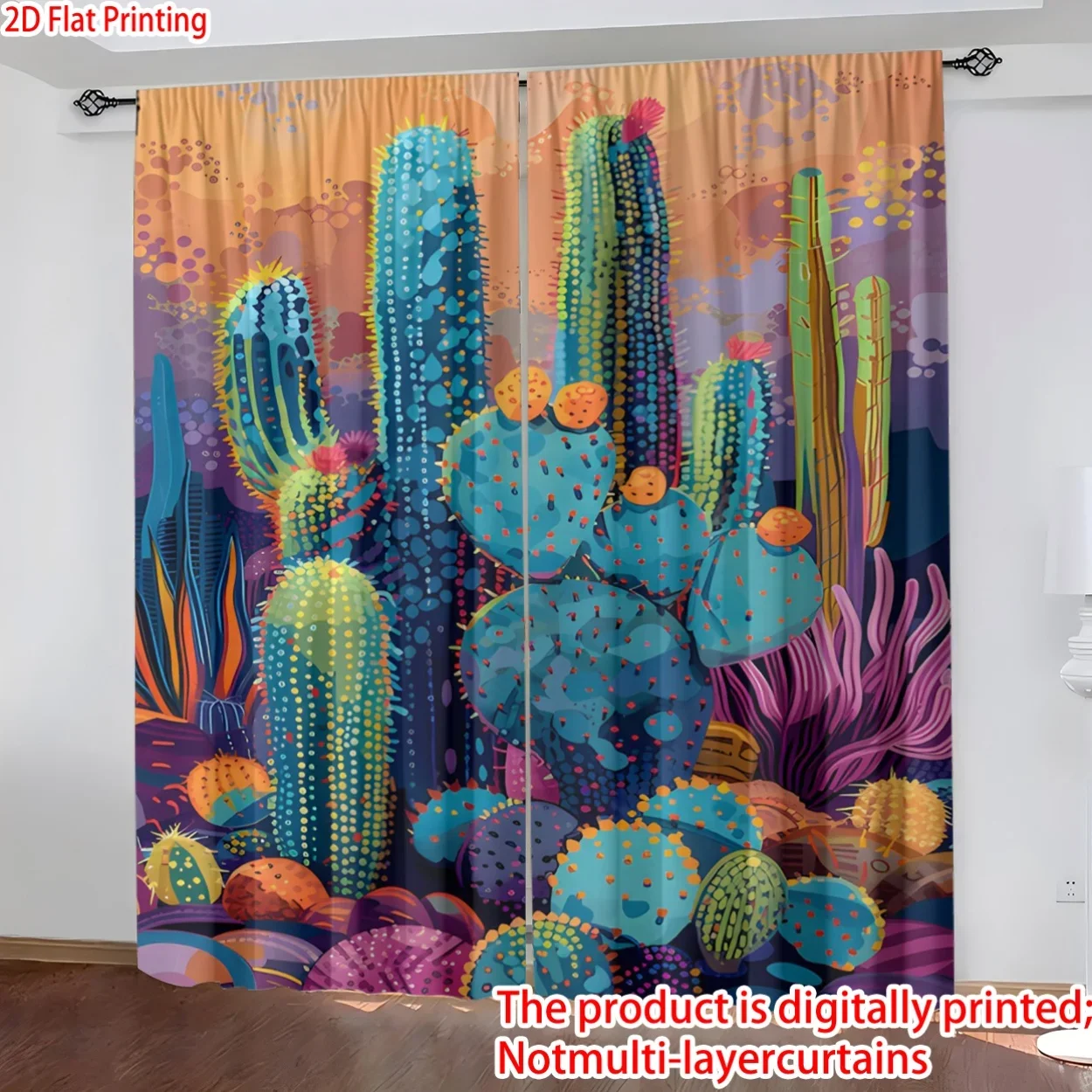 Colorful cactus world pattern Print Drapes Room Darkening Window Curtains for Home Decor,Rod Pocket Blackout Curtains Bedroom