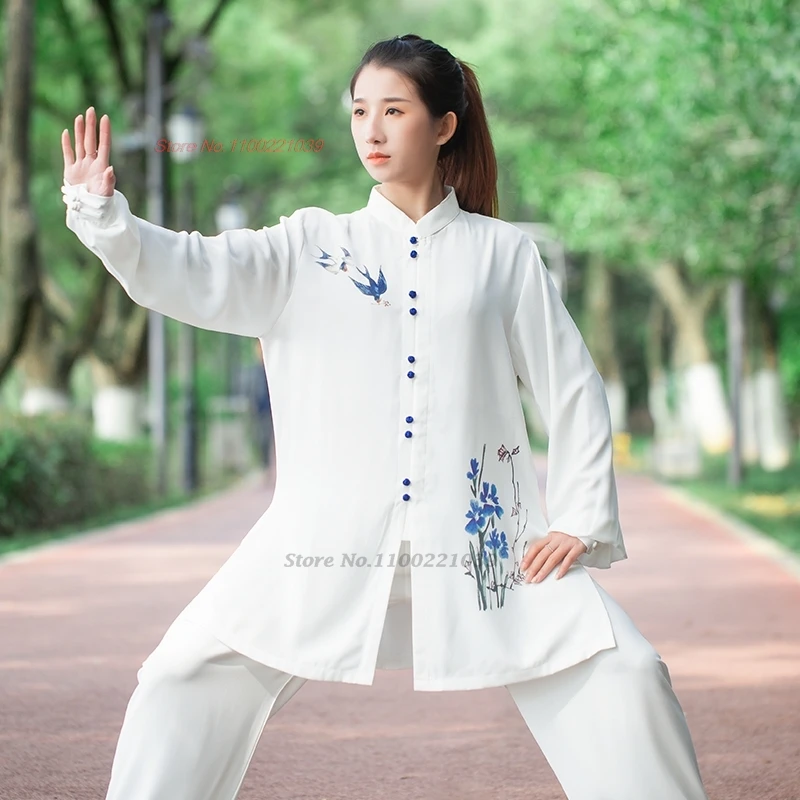 

2025 chinese wushu kung fu tai chi set retro flower print tops+pants traditional martial arts wing chun training exercise suit