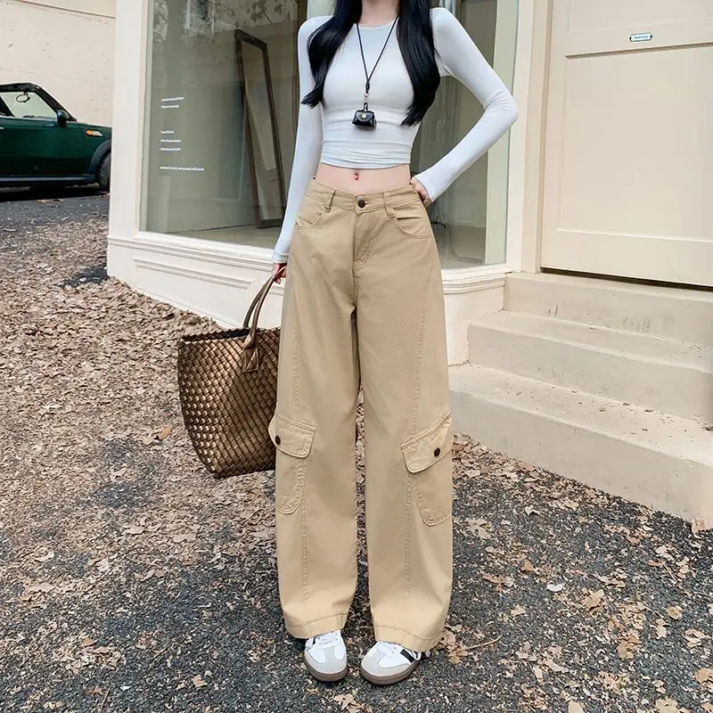 Women's Khaki Green Casual Denim Cargo Baggy Y2K Harajuku High Street Aesthetic Vintage Wide Leg Jeans Pants Streetwear Clothes