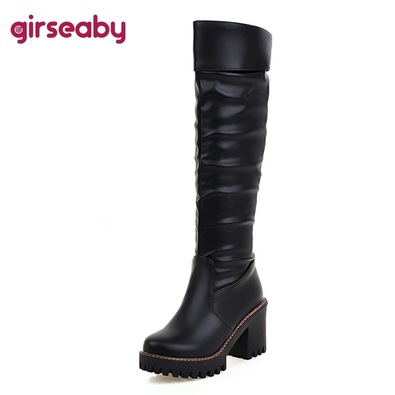 

Girseaby 2024 New Classic Knee Boots Round Toe 8.5CM Block Heels 3cm Platform Slip On Faux Leather Plus Size 42 43 US12 Fashion