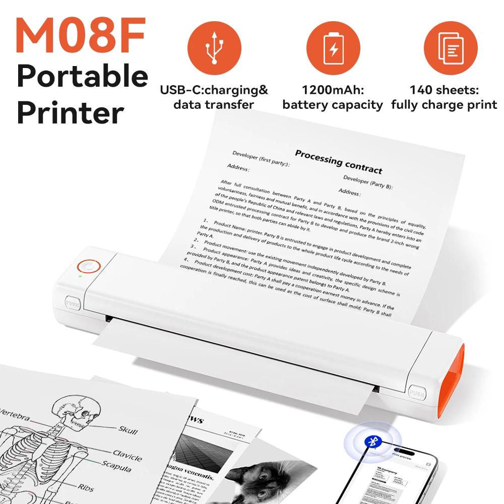

Phomemo M08F Portable A4 Printer Wireless Bluetooth Thermal Printer Inkless Printing for Office Compatible Android IOS Windows