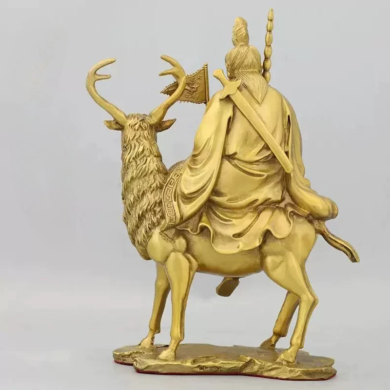 Copper Attracting Wealth Jiang Ziya Statue Riding Deer with God-Striking Whip Taoist Deity for Home