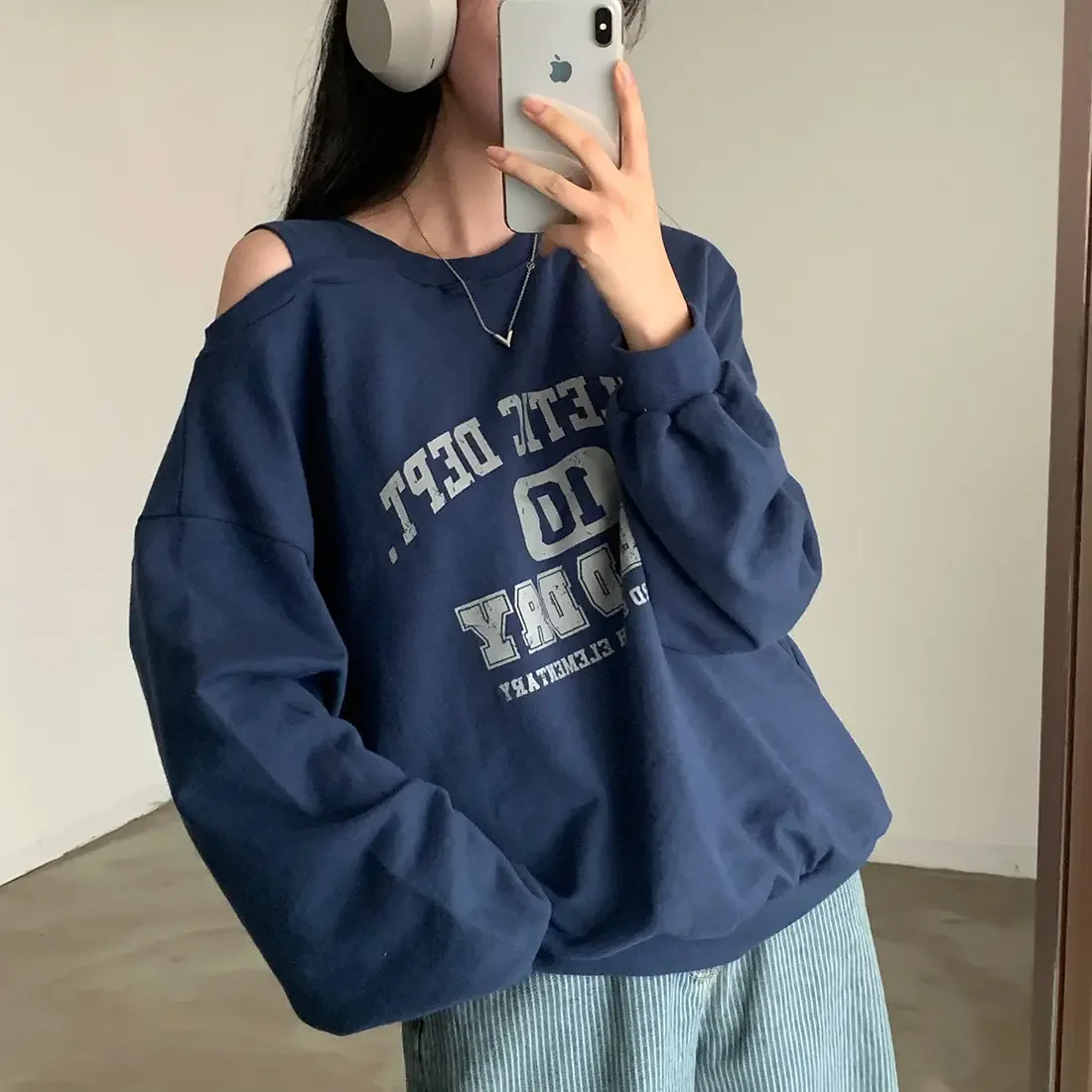 Neploe Loose Off Shoulder All-match Hong Kong Style Hooded Korea Chic Autumn Vintage Print Crop Top O Neck Commuter Sweatshirt