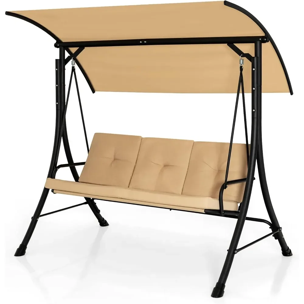 3 Person Porch Swing, Outdoor Swing with Removable Cushions, Solid Steel Structure, Patio Swing with Adjustable Canopy