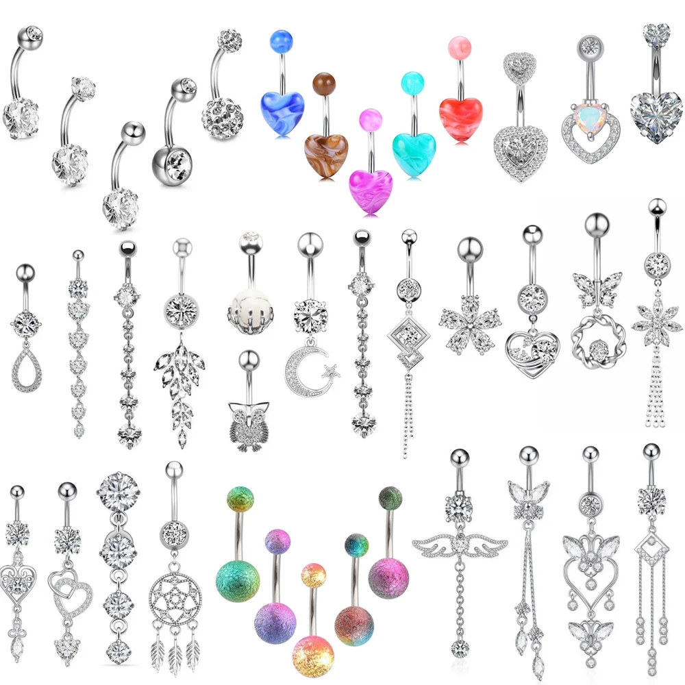 3-5pcs/lot Stainless Steel Flower Belly Piercing Set 14G Hear Butterfly Dangle Belly Button Ring Bulk Sexy Navel Piercing Bar