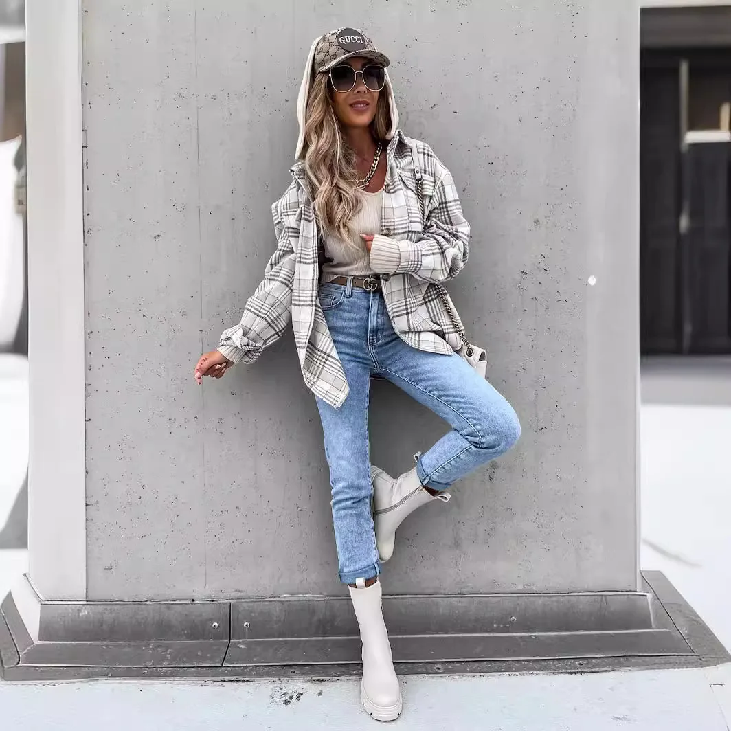 New Autumn and Winter Minimalist Hooded Loose Checkered Button Down Shirt Jacket Veste Femme Coat Women