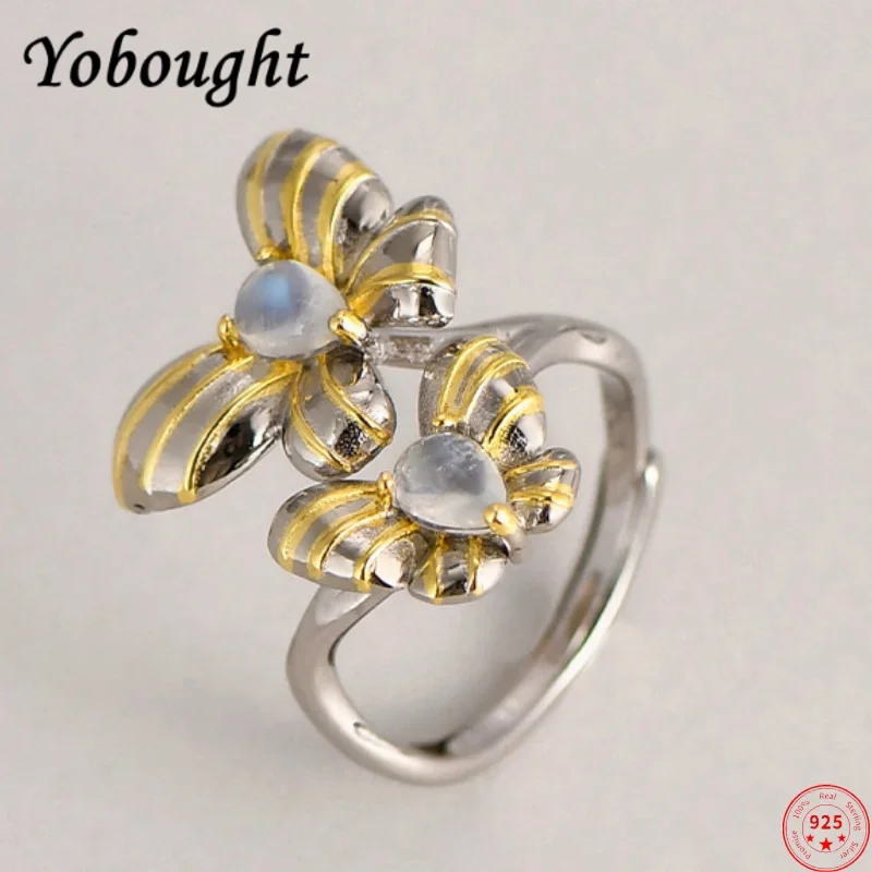 

S925 Sterling Silver Rings For Women New Fashion Contrast Colored Flowers Inlaid Moonstone Simple Punk Jewelry Free Shipping