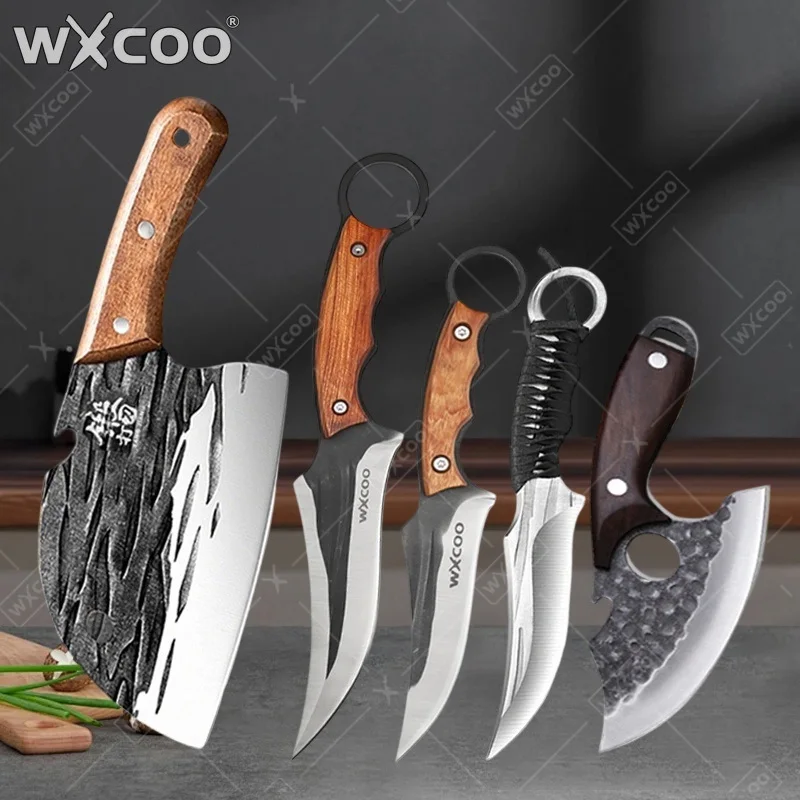 WXCOO Stainless Steel Hand-forged Butcher Knife Multifunctional Boning Knife Kitchen Knife Slicing Meat Cleaver with Sheath