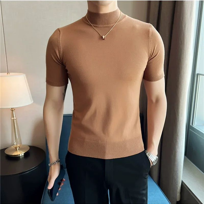 Autumn Men\'s Half Turtleneck  knitted T Shirts Korean version Slim Fit Solid Pullovers Elastic Casual Thin Sweater Men Clothing