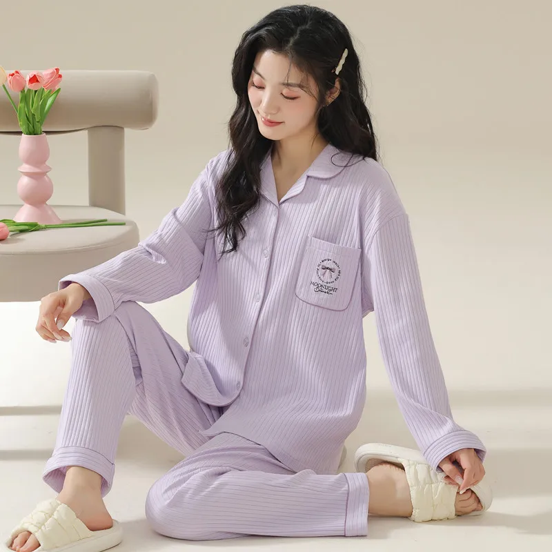 

Plus Size Autumn and Spring Cotton Pajamas Women Tops and Pants Solid Casual Soft Nightwear Buttons Cardigan Sleepwear Homewear
