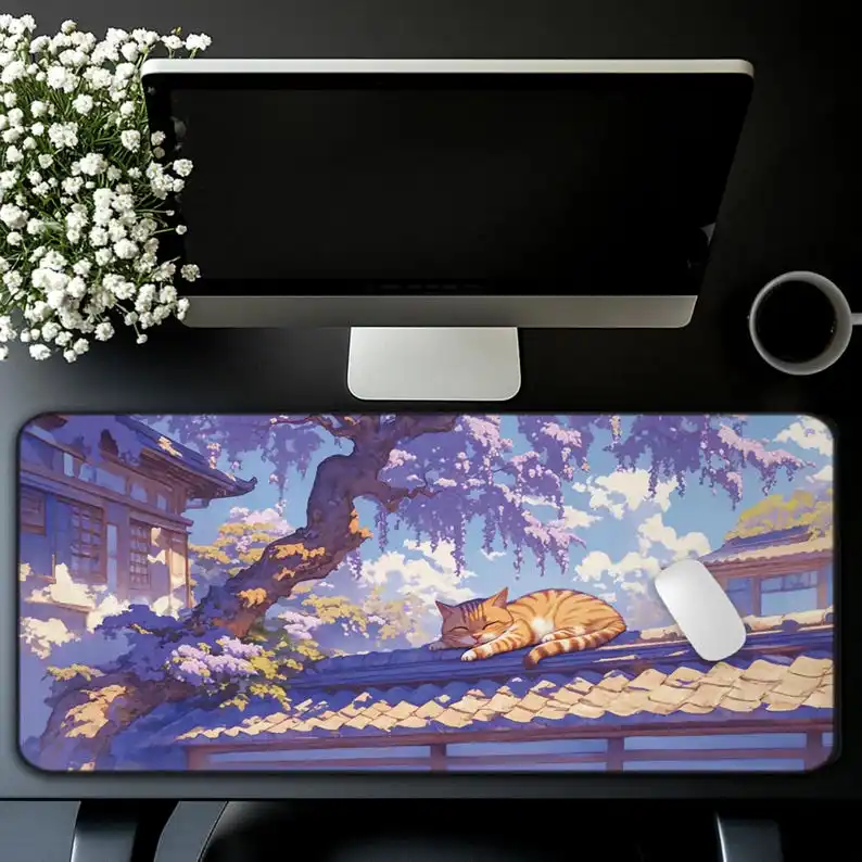 

Aesthetic Desk Mat for Cat,Large Cute Mouse Pad， Purple Desk Mats for Gamer and Office Decoration,Kawaii Deskmat,Cute Mousepad