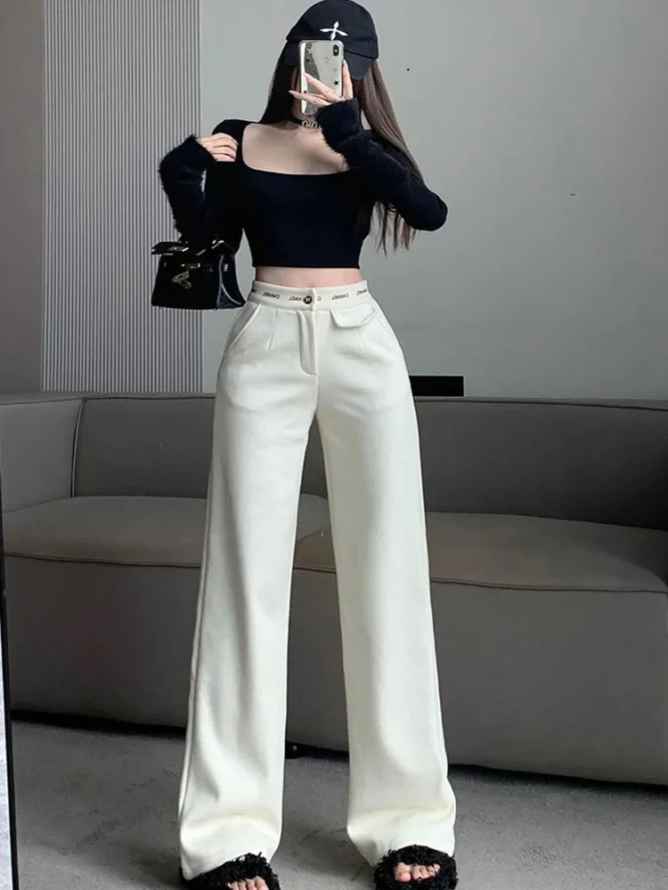 Women\'s Casual Contrast Spliced High Waist Pants Straight Black Pants Street Trendy Chic Loose Trousers Spring Autumn New