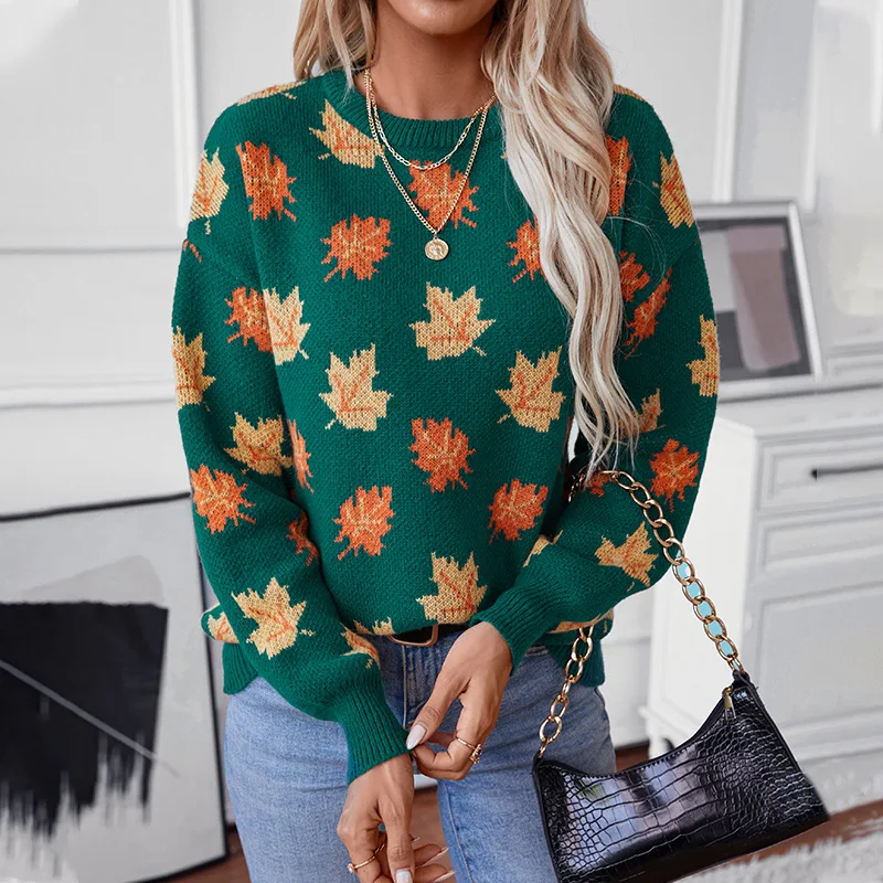 2024 autumn and winter European and American sweater women\'s maple leaf pattern jacquard casual pullover cross-border knitted sw