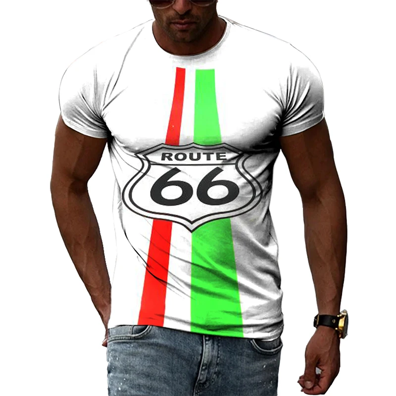 New Tide Summer Fashion Highway 66 No. Picture Casual Print Tees Hip Hop Personality Round Neck Short Sleev