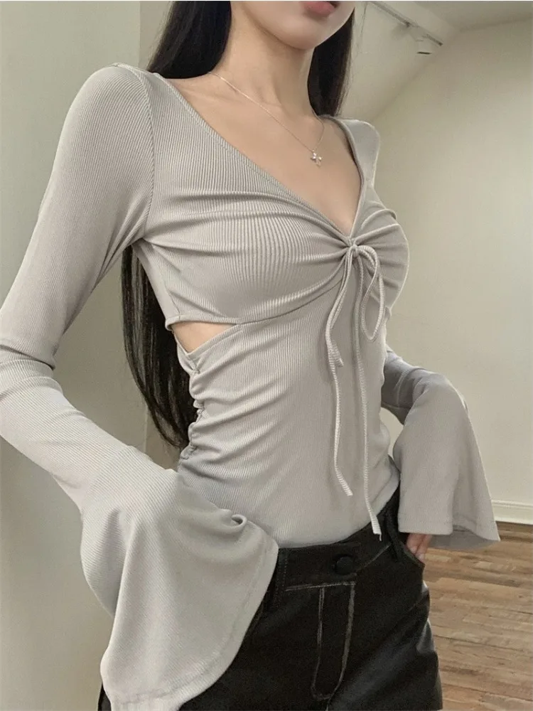 T-Shirts Women Long Sleeve Slender Tight Spring Club Hotsweet Flare Sleeve Slim Korean Pure Hipster Stylish Daily All-match Chic