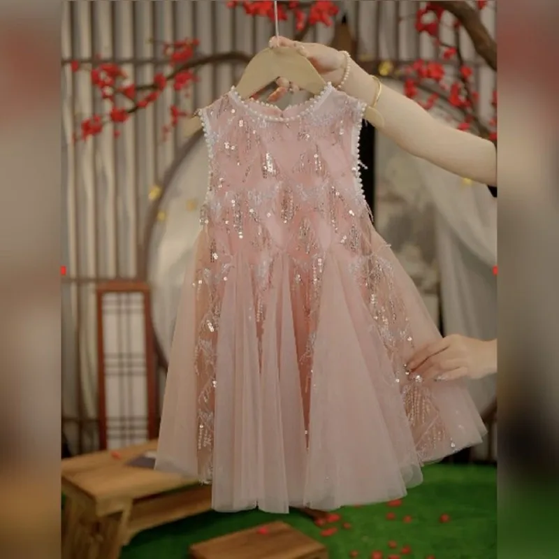 Girl Tassel Sequin Netting Dress 2026 New Summer Children's Sleeveless Princess Dress
