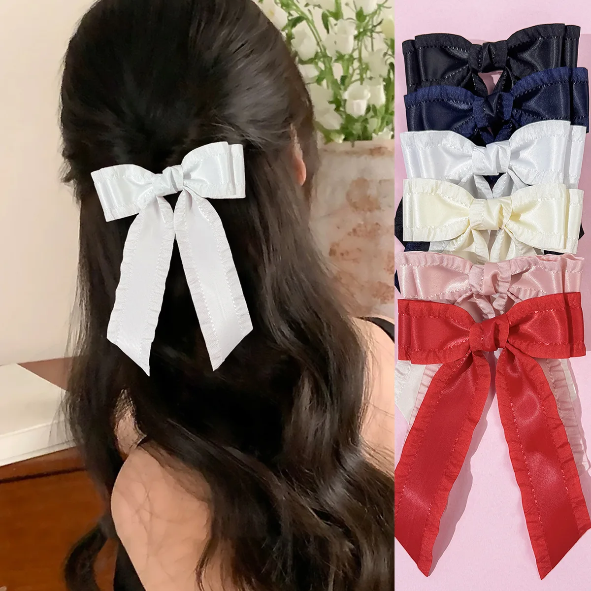 

30pcs Frill Ribbon Bow Hair Clips 4.7 Inch Wave Edge Long Tassel Barrettes Bulk Pack for Women And Girls Headwear