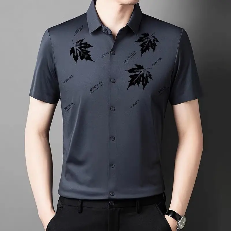 Business Fashion Smart Casual High-end Men Short Sleeved Shirt Summer Thin Lapel Patchwork Button Solid Printed Thin Top 2024