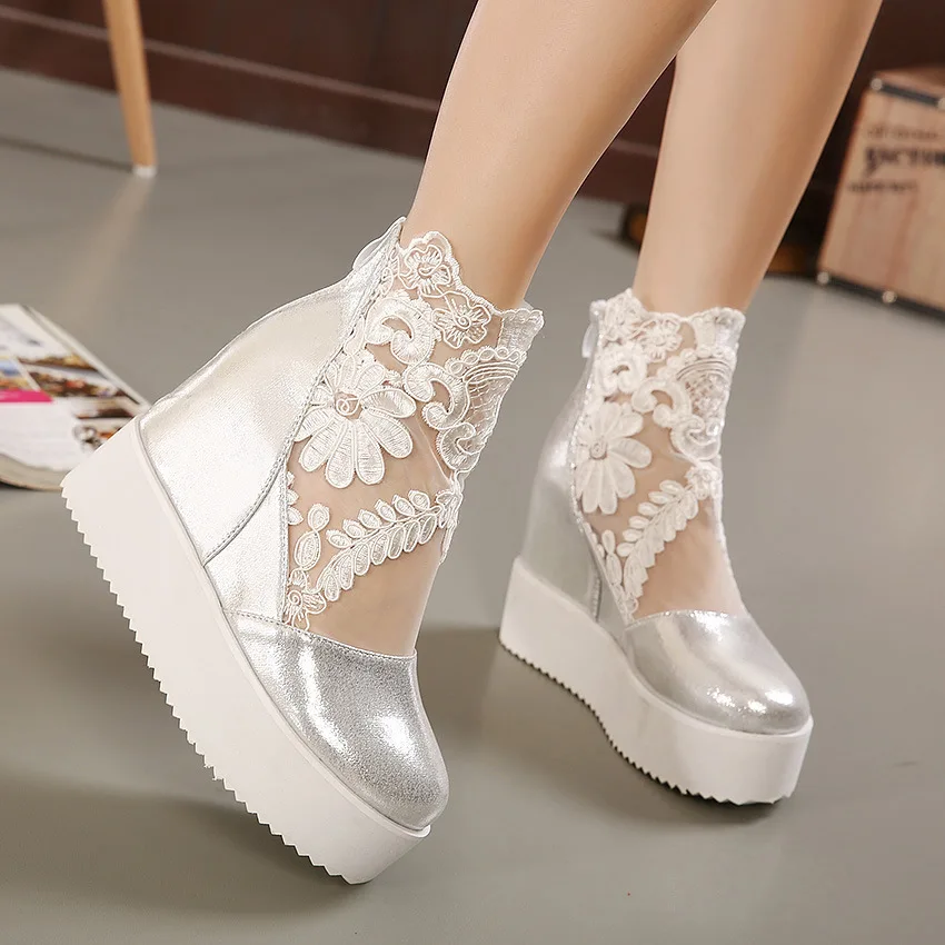 New Fashion Women Lace Shoes Wedge Heels Platform Pumps Sandals High Heel Shoes Women\'s Platform Lace 3 Colors 2023